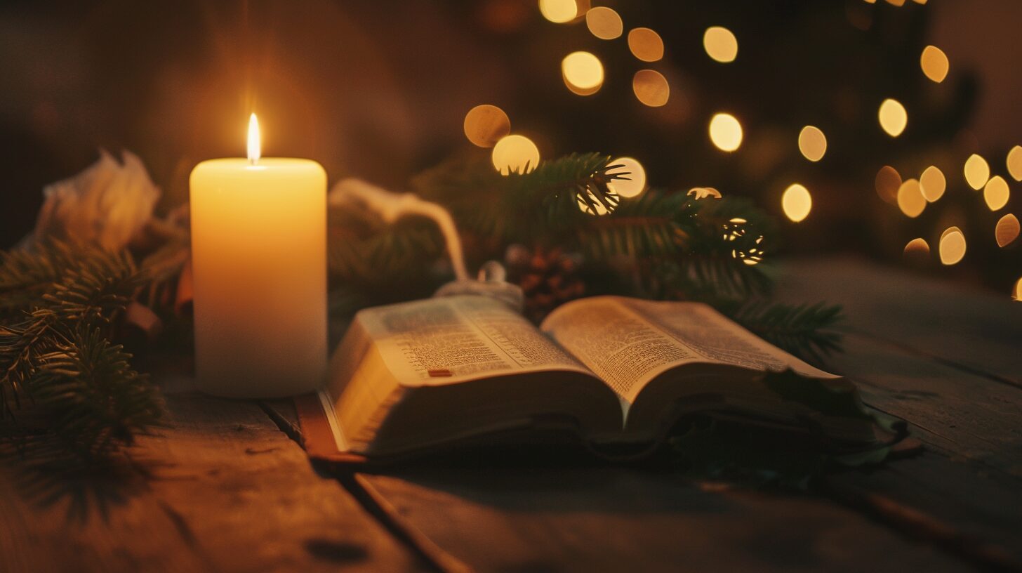 Open Bible and candlelit Christmas scene showing the true Christmas meaning in the Bible — Emmanuel, God with us.